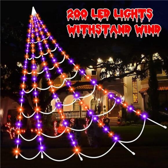 Halloween Decorations Spider Webs Lights: 200 Purple & Orange LED Halloween - Picture 3 of 8
